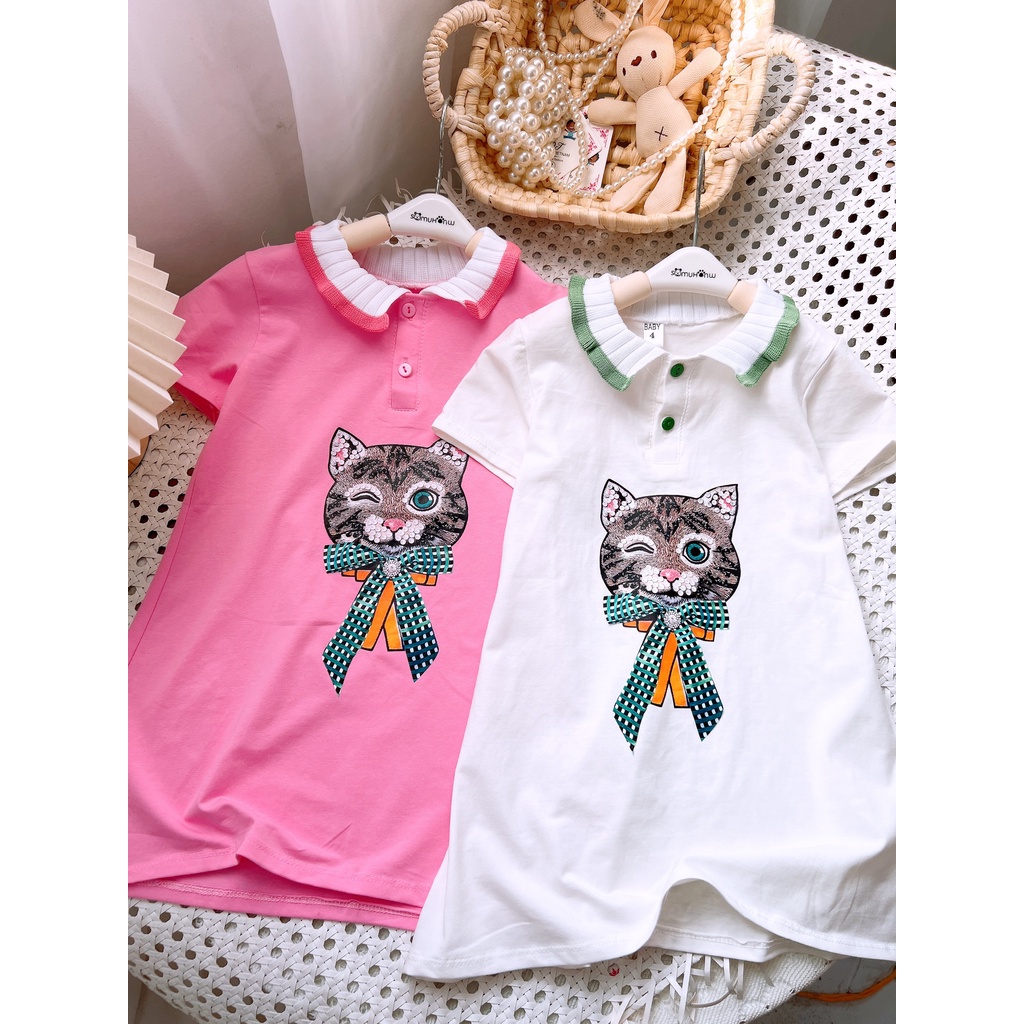 Váy Cotton Dáng Suông in Hình Mèo Xinh Xắn Cho Bé Gái