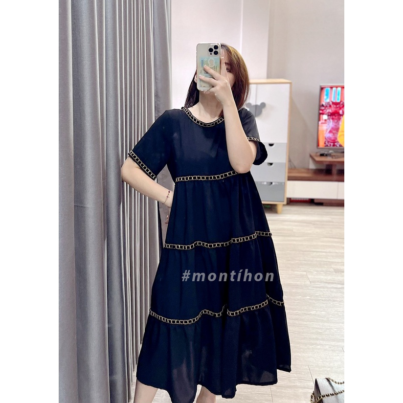 Váy Bầu baby doll dáng tầng | Chất đũi pha xích - Đầm bầu thiết kế Montihon - Đủ size 45-85kg