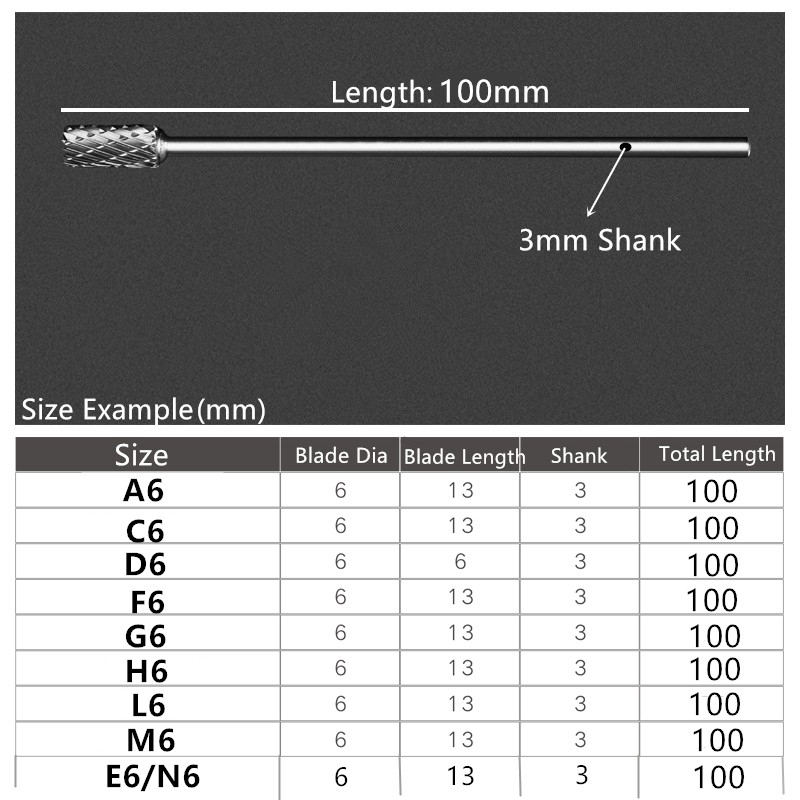 Mũi Mài Cacbua Vonfram Đầu Sắt Nhọn Dài 3mm 3x6x100mm