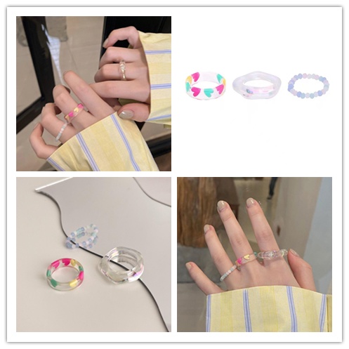 Bộ 3 Nhẫn Nhựa Acrylic Trong Suốt Đính Hạt Hình Trái Tim Thời Trang Cho Nữ