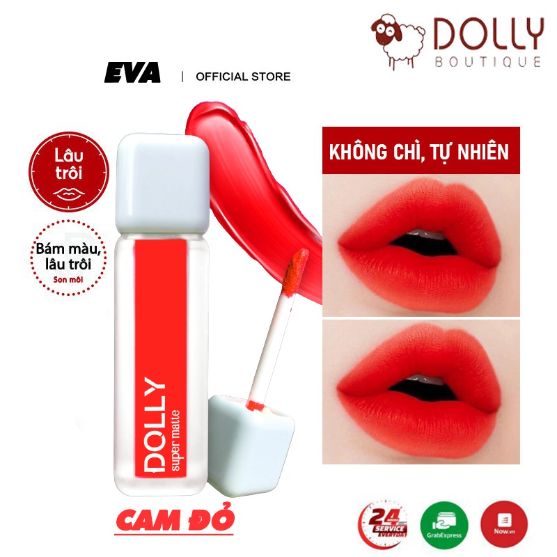 Son kem lì màu cam đỏ Dolly super matte, son kem lì không chì bền màu lâu trôi, mua 2 cây tặng 1 hộp đựng cao cấp