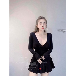 Áo thun len giấy chéo vạt nhún bên eo cổ tim tay dài!
