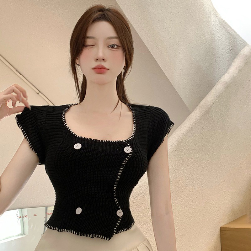 Áo Croptop Dệt Kim Tay Ngắn Màu Sắc Tương Phản Cột Dây Phong Cách Hàn Quốc Thời Trang Mùa