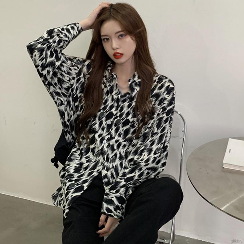 Áo Sơ Mi Tay Dài Dáng Rộng Họa Tiết Da Báo Quyến Rũ Phong Cách Hàn Quốc