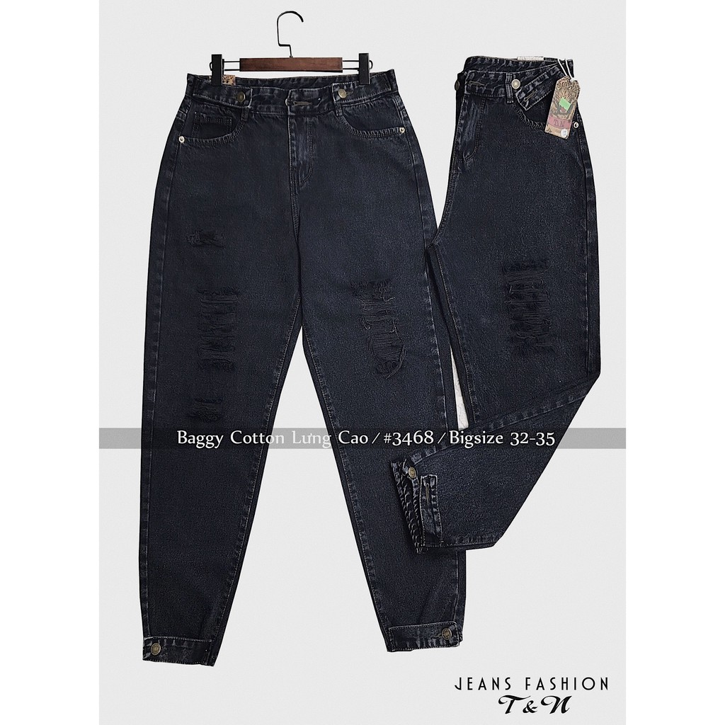 [BIG SIZE] Quần jean baggy nữ lưng cao, rách bụi bặm, lai kiểu 3466
