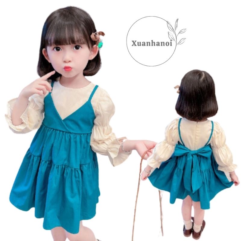 Váy bé gái 2 dây tay chun buộc nơ lưng phối 2 mầu Trắng Xanh XHN719