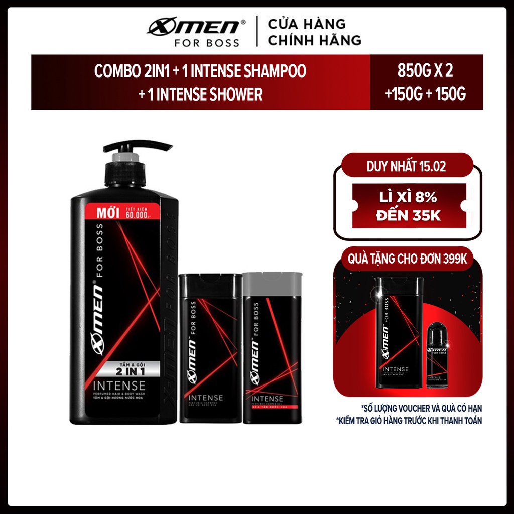 Combo Tắm gội X-Men for Boss Intense 2in1 850g + Dầu gội Nước hoa Intense 150g + Sữa tắm Nước hoa Intense 150g