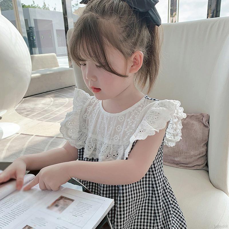 Đầm búp bê sát nách cổ tròn phối ren họa tiết kẻ sọc ngọt ngào cho bé gái