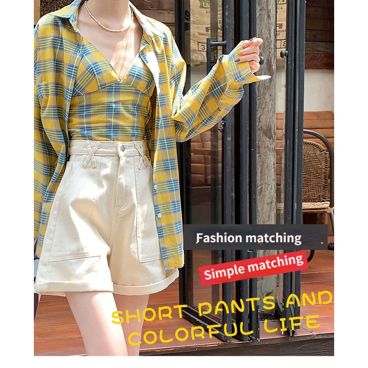 Quần Short Denim Trắng Lưng Cao Ống Rộng Thời Trang Hàn Quốc 2022