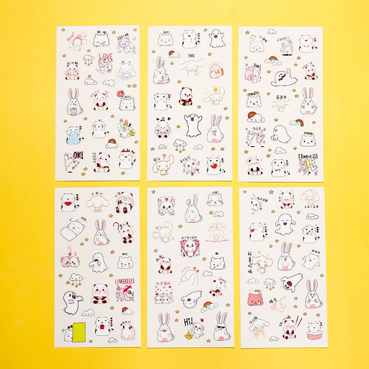 Bộ 6 Tờ Sticker Dán Trang Trí Chó, Thỏ, Ốc Sên, Icon Cảm Xúc Xinh Xắn