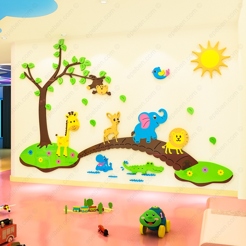 Tranh dán tường mica 3d decor Động vật qua cầu Trang trí nhà trẻ, phòng cho bé Nhiều Size - EPeBen