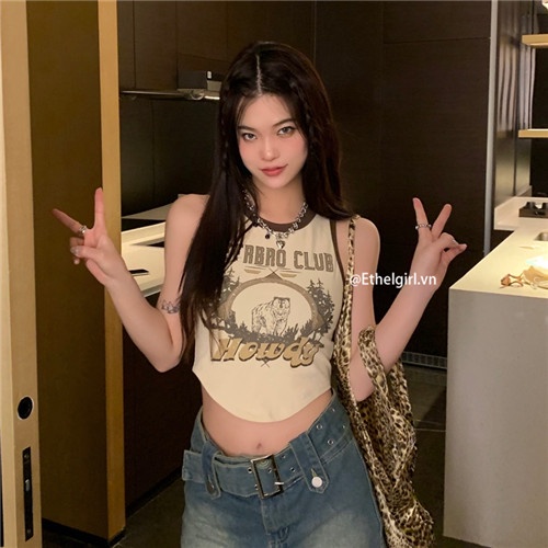 Áo Croptop Sát Nách Hoạ Tiết In Thiết Kế Độc Đáo Cho Phái Nữ