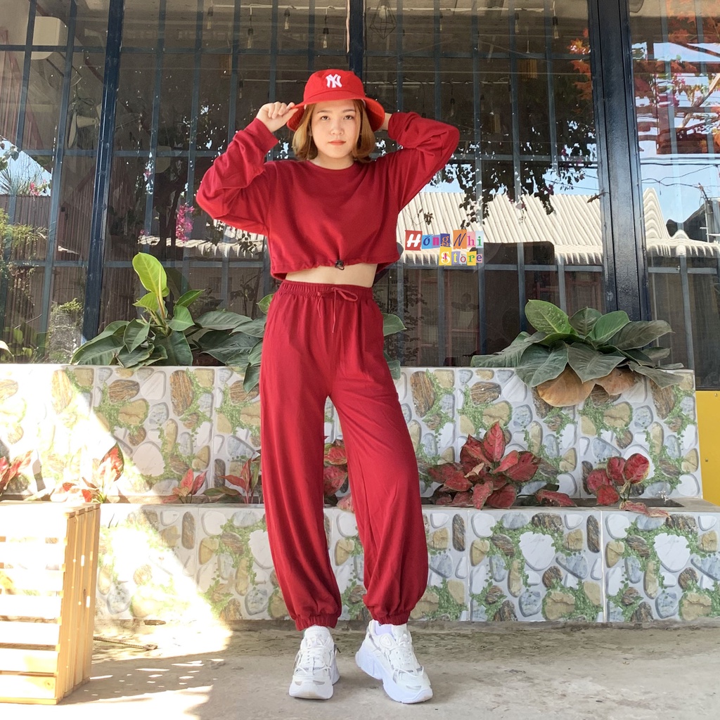 Áo Croptop Rút Dây Trơn Tay Dài Dáng Rộng Ulzzang - MM