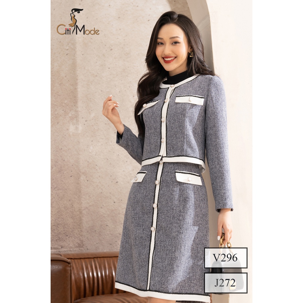 Vest dạ nữ ghi xám công sở CITI MODE tay dài phối viền trắng V296