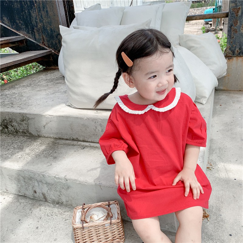 Váy bé gái đầm suông tay lỡ thiết kế cổ sen thời trang trẻ em từ 1 tuổi đến 5 tuổi
