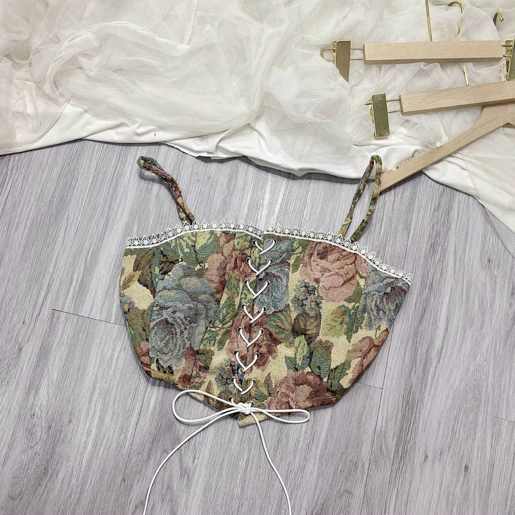 Áo 2 dây nữ dáng CRT ôm body phối đan dây trước ngực họa tiết hoa thổ cẩm vintage