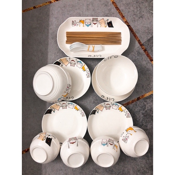 Hàng có sẵn set bát đĩa sứ hình lũ mèo đáng yêu- ảnh tự chụp