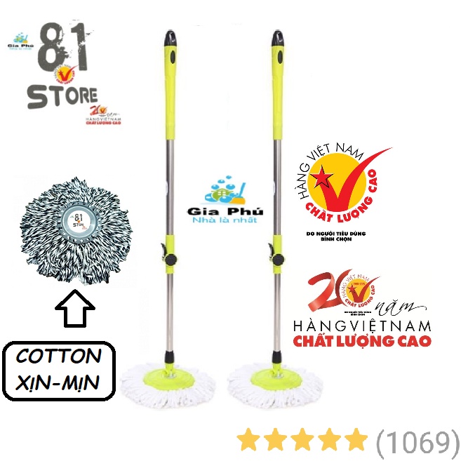 Cây lau nhà 360 độ inox lớn 22 - 25mm Homeone PP1.2 nhiều màu ( Bông COTTON )
