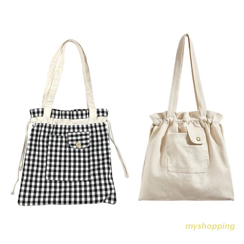 Túi Tote Đeo Vai Bằng Vải Bạt Sọc Caro Sức Chứa Lớn Có Dây Rút