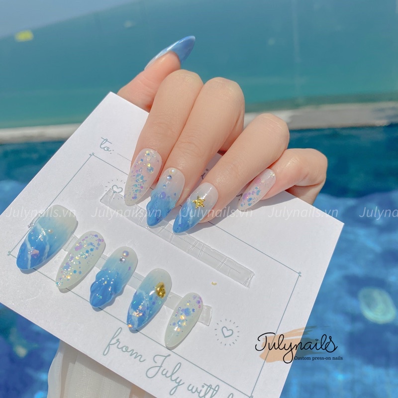 móng tay giả thiết kế hình biển xanh , mùa hè , vỏ sò sóng biển, nail box giá rẻ nb015 julynails.vn