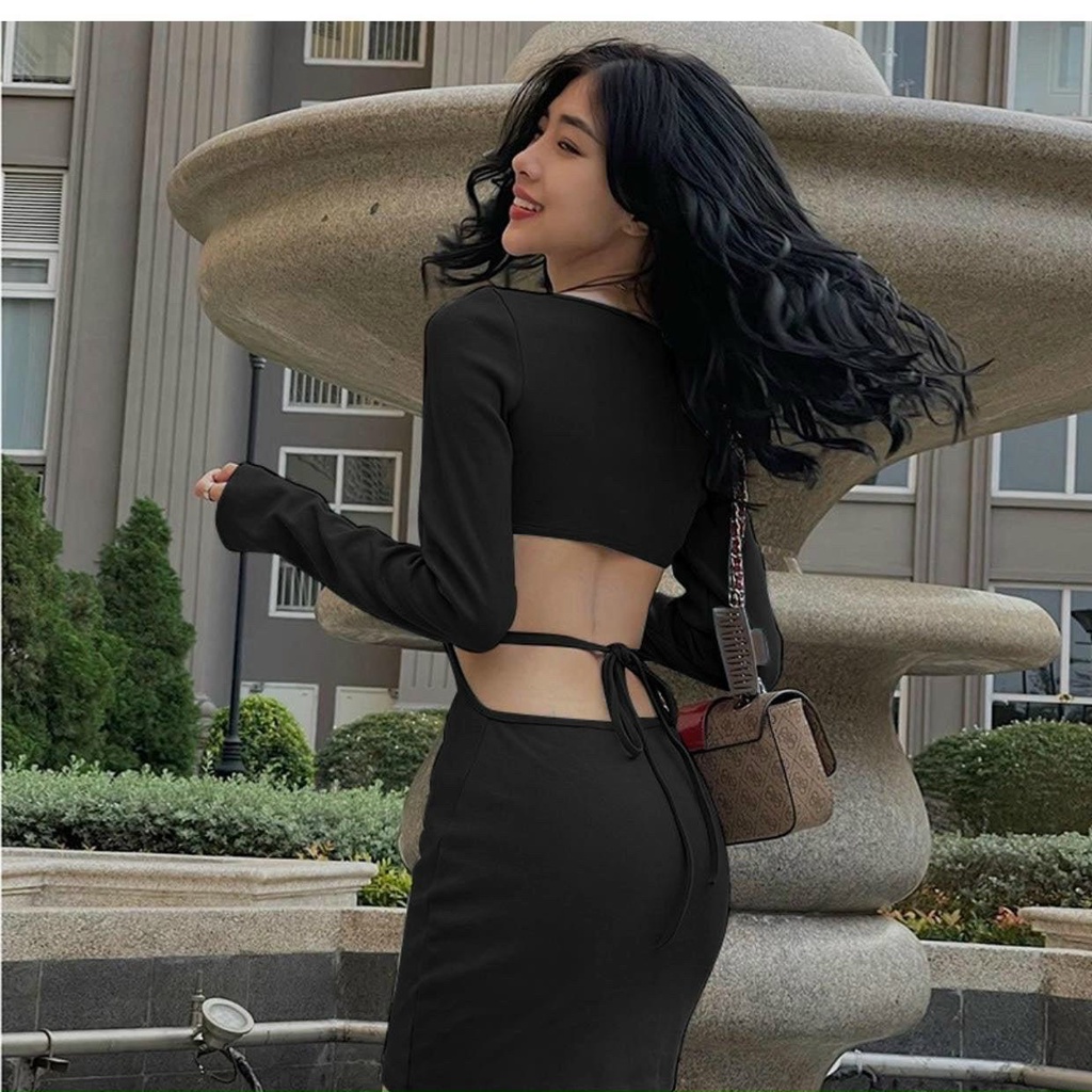 Đầm cổ vuông tay dài ôm body hở lưng cột dây cực xinh , chất thun gân mềm mịn mk