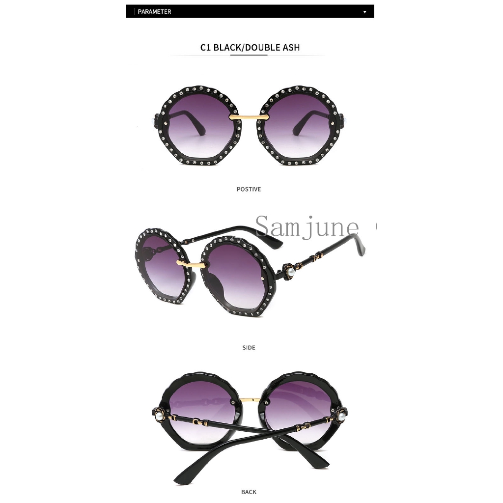 Kính mát Samjune gọng tròn bằng kim loại đính ngọc trai giả sang trọng cho nữ