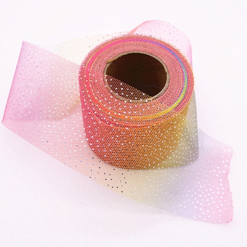 Ruy băng lưới đổi màu nhũ bạc làm phụ kiện tóc. handmade