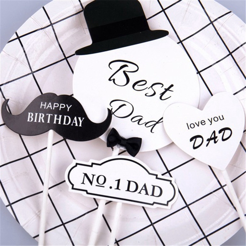 4PCS/set Best Dad Cake Topper Beard Cake Picks Sign for Father's Day Birthday Bakeware Decor