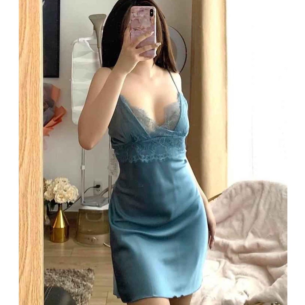 Váy ngủ lụa cổ V hai dây ren ngực gợi cảm có kèm mút ngực