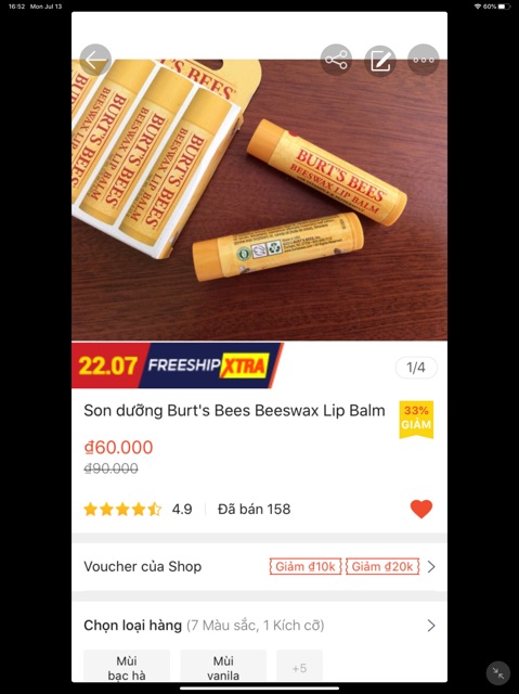 Son dưỡng Burt’s Bee Beeswax Lip Balm