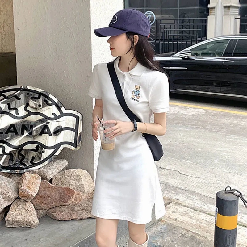 Plus Đầm Cổ Polo Thêu Họa Tiết Ngọt Ngào Thời Trang Mùa Hè Cho Nữ