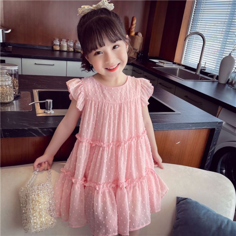 Đầm Bé Gái Đầm Công Chúa Mùa Hè Tay Ngắn Vải Voan Ren Màu Trơn Cho Bé Gái Se7En