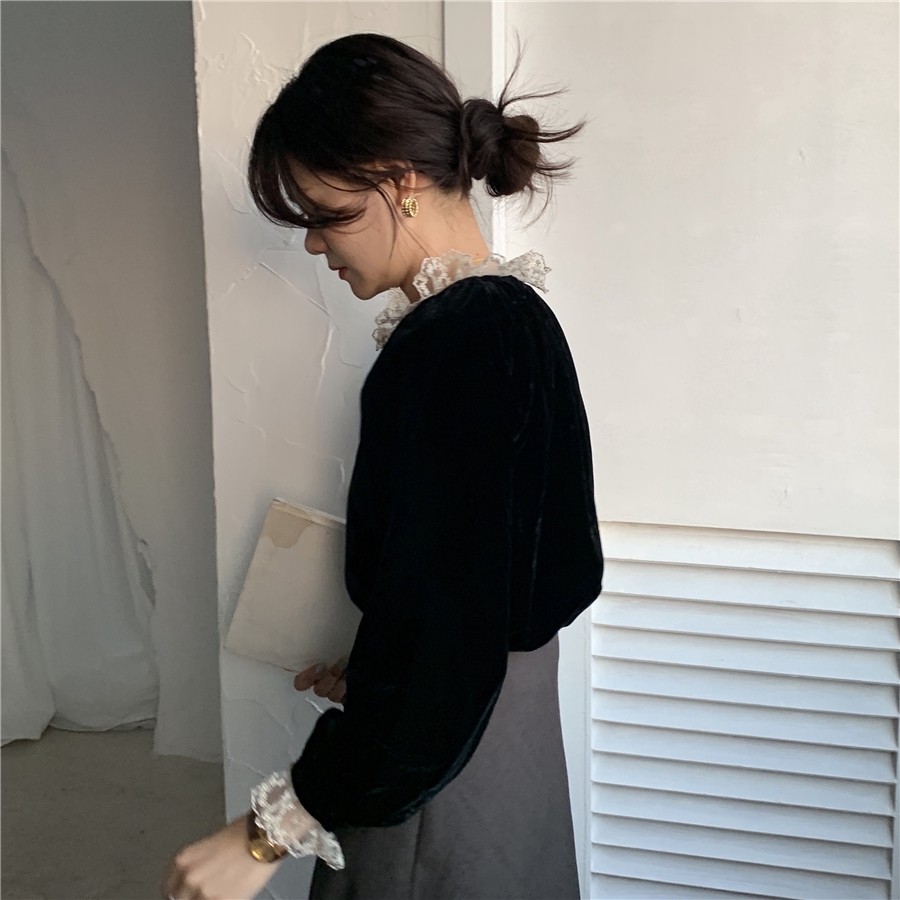 SUXI Áo kiểu tay dài bo phồng phối ren phong cách Retro thời trang Hàn Quốc cho nữ