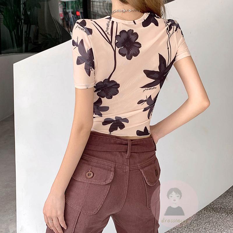 Áo Thun Ngắn Tay Cổ Tròn In Họa Tiết Hoa Thời Trang Mùa Hè Cho Nữ