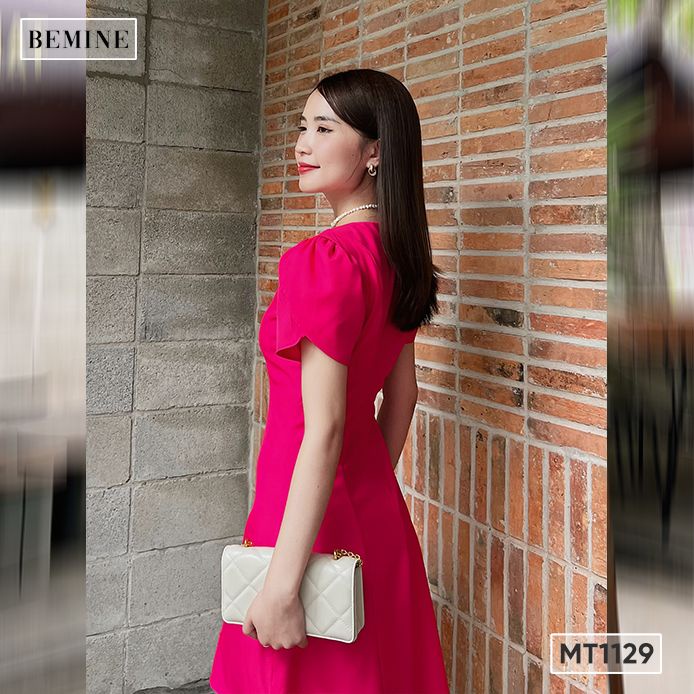 Đầm cổ Vich tay búp BEMINE MT1129HONG