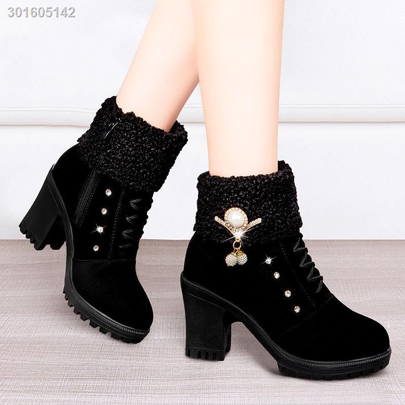 Giày bốt martin cao gót vải nhung dày dặn có khóa kéo phong cách Âu Mỹ thời trang thu đông 2021 dành cho nữ