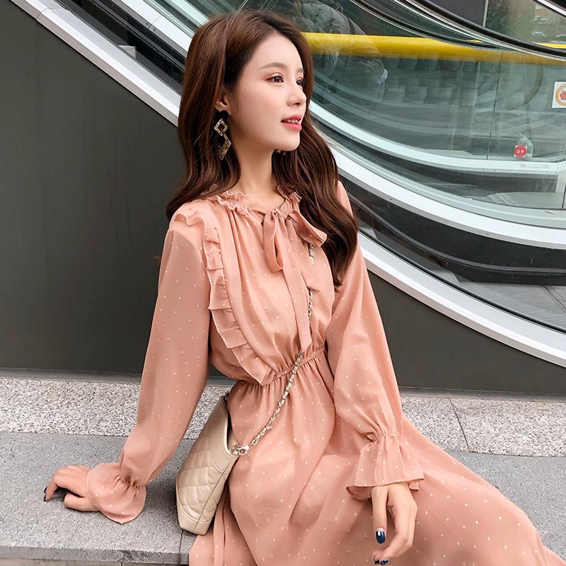 Đầm nữ tay dài họa tiết chấm bi thời trang phong cách Hàn Quốc