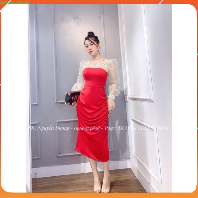 Đầm body nhún tay lưới tay phồng dài qua gối