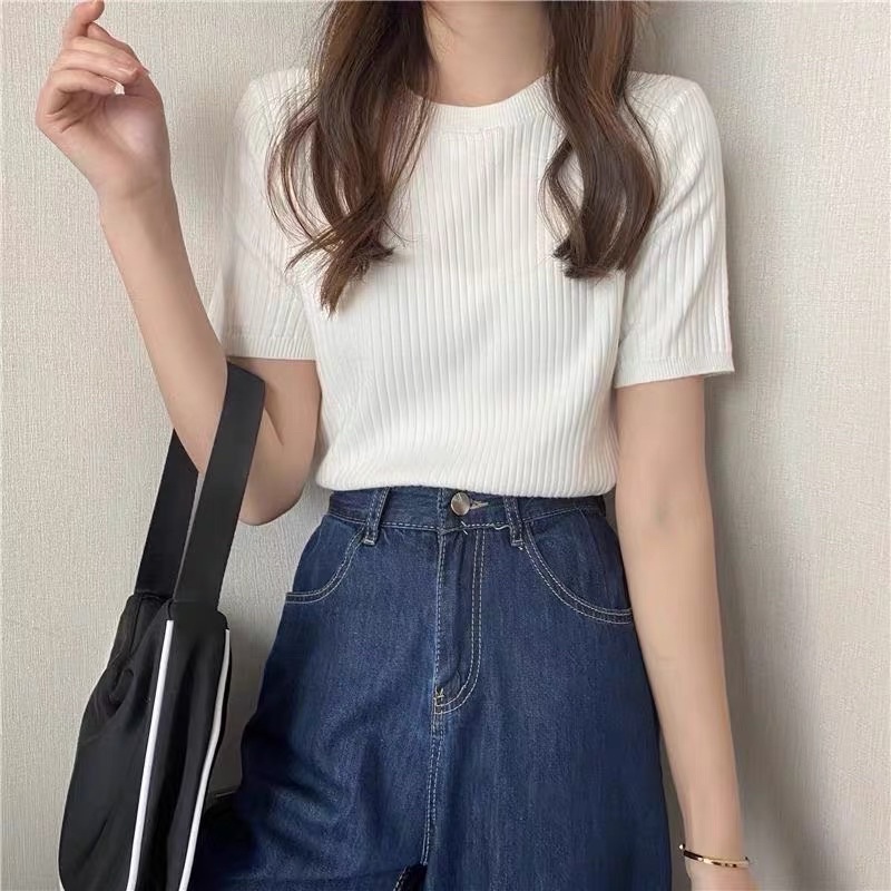 Áo Len Gân Basic Tay Ngắn Cổ Tròn, Áo Kiểu Nữ Đơn Giản