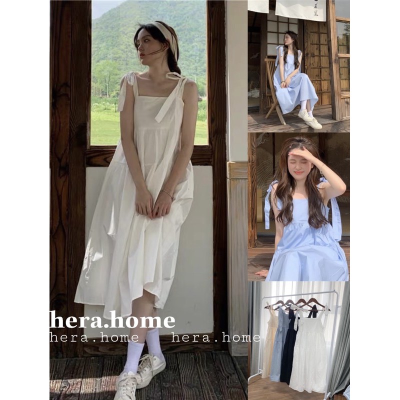 Váy 2 dây buộc nơ dáng babydoll basic nhiều màu