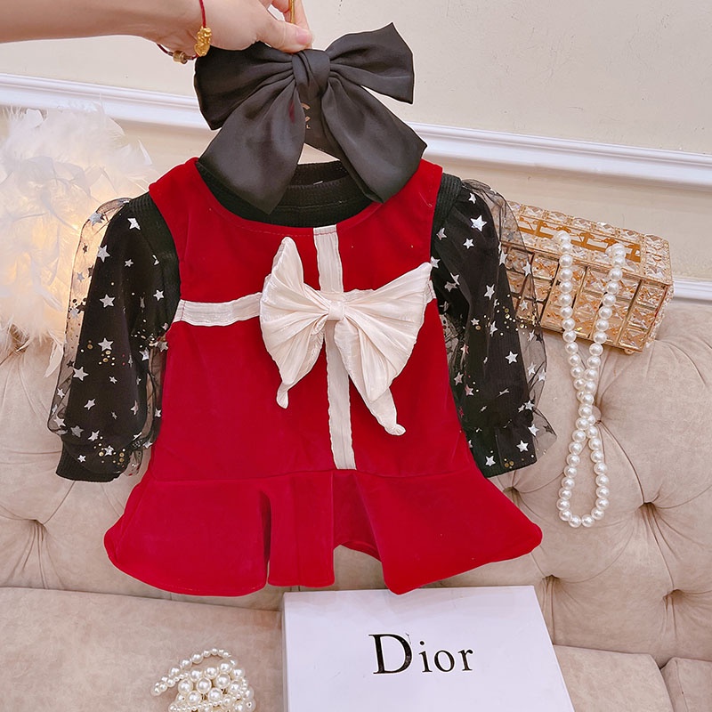 VÁY CHO BÉ GÁI NHUNG CỨNG CÓ LÓT XỊN XÒ, ÁO TRONG TỔ ONG MỀM PHỐI REN NƠ VIỀN TƠ SỐNG CHUẨN BÁN SHOP SIZE 9-21KG [V30]