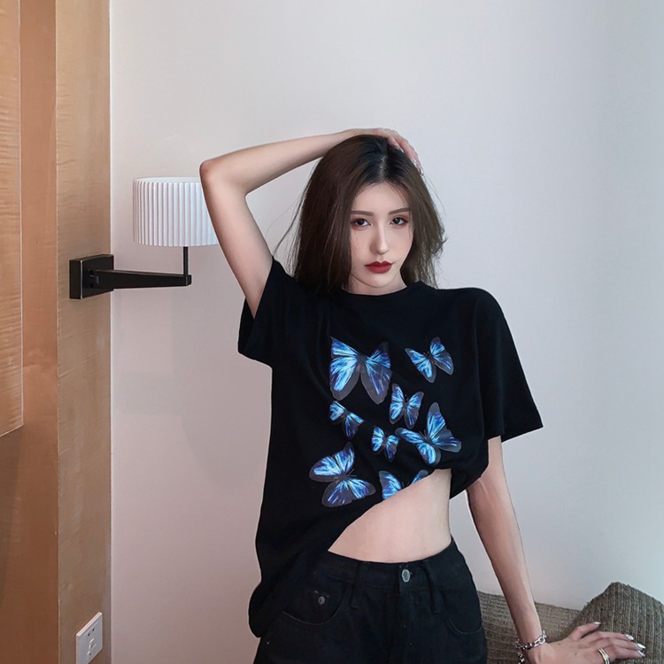 Áo thun đen cổ tròn tay ngắn hình bướm xanh 3d ulzzang có size lớn
