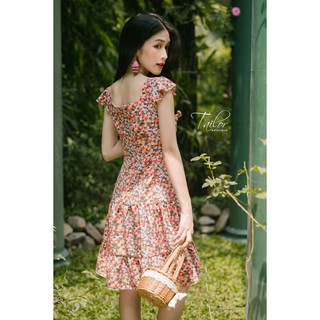 Đầm cổ vuông TAILOR form xoè chất lụa hoa may hai lớp