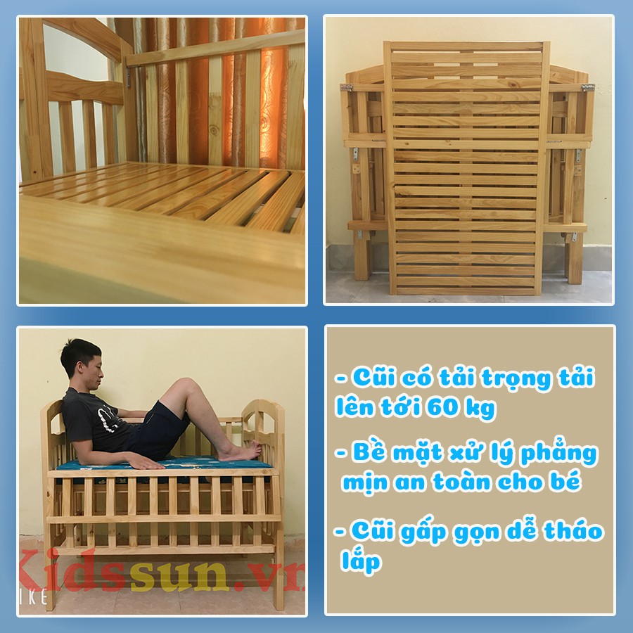 Giường cũi cho bé - Chất liệu gỗ thông đẹp xịn - Trọng Tải Tới 60KG - Tặng bộ bánh xe BH 24 tháng