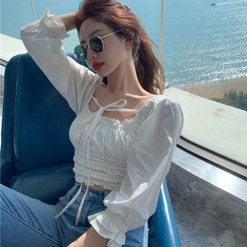 Áo sơ mi cổ vuông dài tay màu trơn thời trang Hàn Quốc ngọt ngào