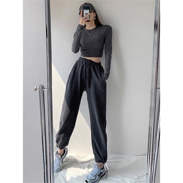 Quần jogger thể thao ống rộng bo chun len tăm phong cách ulzzang