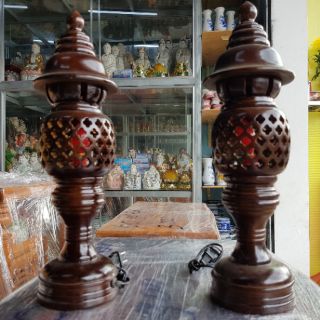 Cặp đèn thờ gỗ tràm bông vàng cao 35 cm