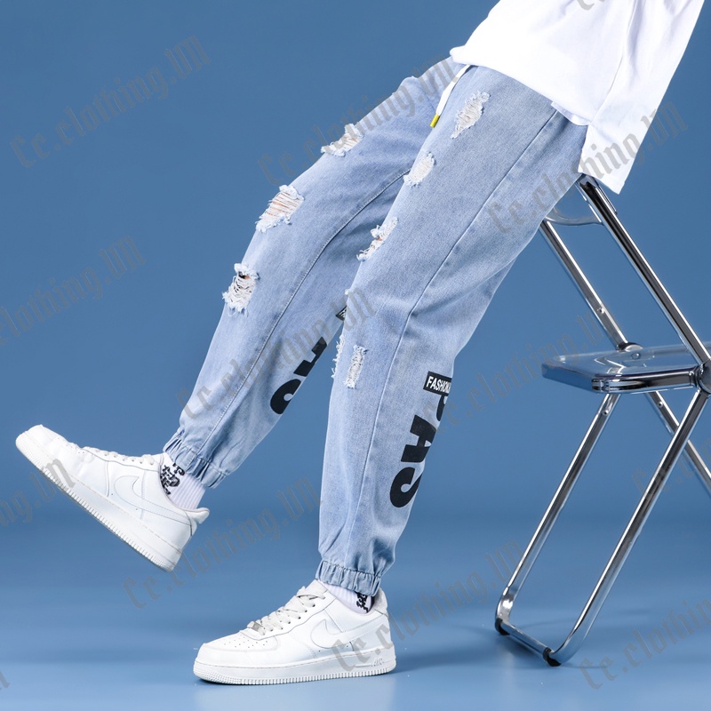 Quần Jeans Nam Jeans Unisex Rách Gối Chất Jean Cotton Co Giãn Dáng Ôm Thời Trang