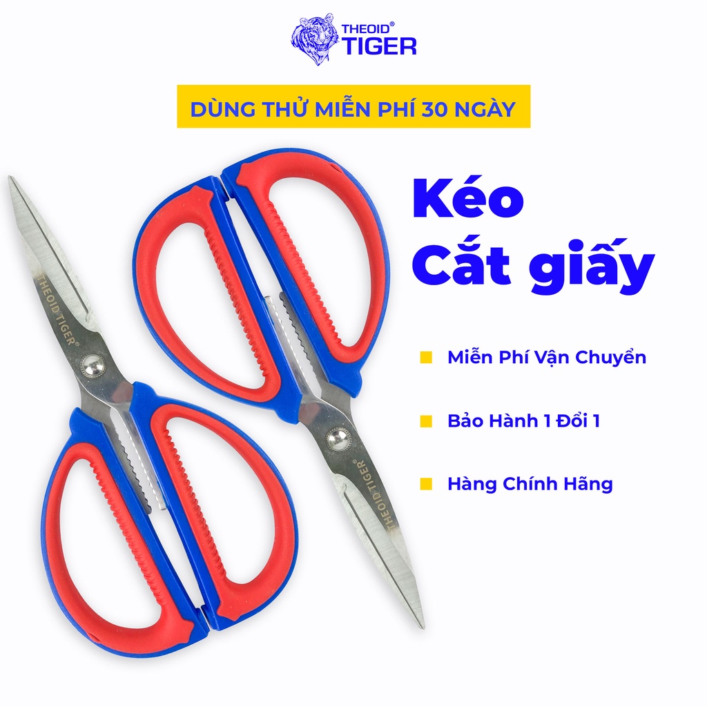 Kéo Cắt Giấy Theoid Tiger Sử dụng đa năng 2 màu xanh đỏ, lưỡi kéo thép SK5 - Bảo hành 12 tháng - 1 đổi 1