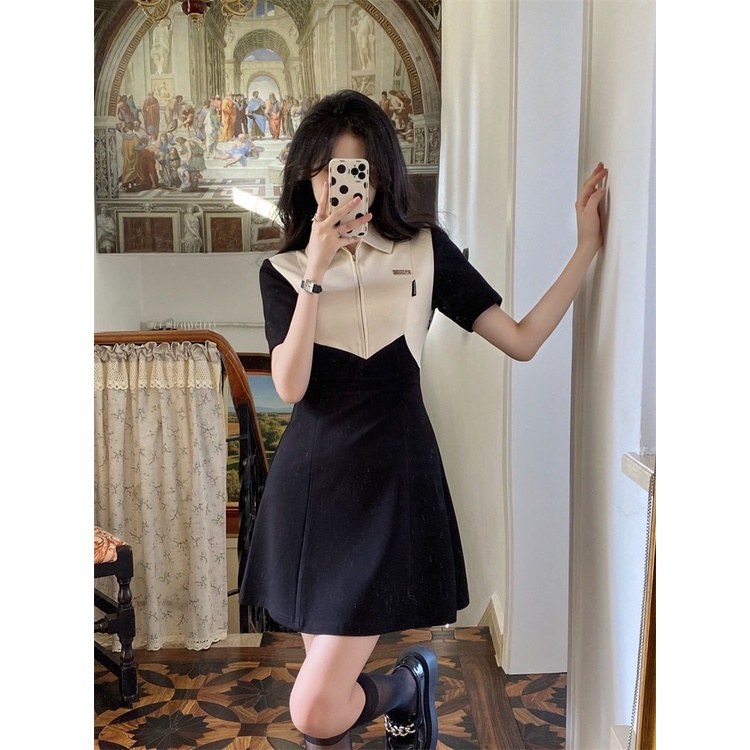 Đầm Chữ A Tay Ngắn Cổ POLO Màu Sắc Tương Phản Thời Trang Dành Cho Nữ